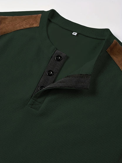 Men'S Waffle Texture Two-Tone Henley Shirt - Casual Summer Short Sleeve, Round Neck, Non-Stretch Fabric