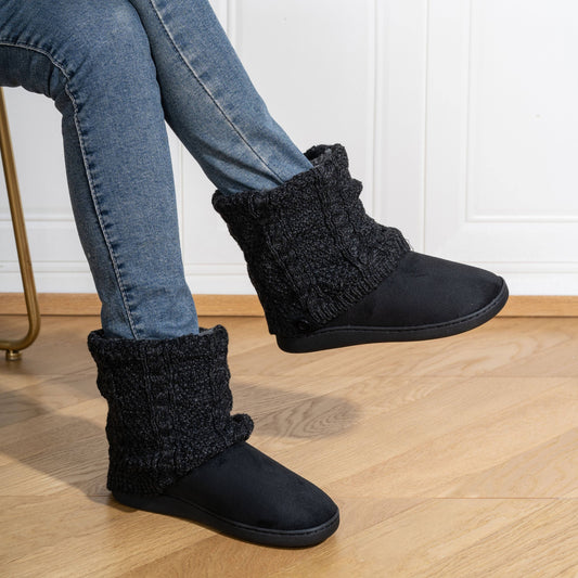 Women's Knitted Winter Boots - Thickened Warm Ankle Boots with Ribbed Texture, Soft Fabric Upper & TPR Sole, Hand Washable Casual Shoes for Fall/Spring (Black & Brown), Knit Boots, Seasonal Footwear, Cozy Footwear, Comfortable Lining, Comfort Se