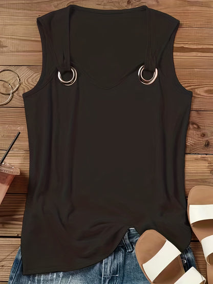 Women's Casual Sleeveless Crew Neck Tank Top - Vibrant Coral Solid Color with Keyhole Cutouts & Ring Detail, Lightweight Summer Top, Machine Washable, Ladies Tank Tops, Easycare Clothing