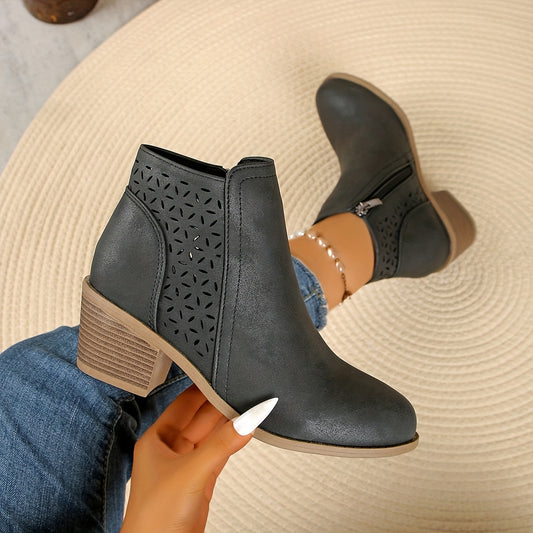 [Chunky Mid-Heel Ankle Boots] Comfortable & Durable Women's Chunky Mid-Heel Slip-On Ankle Boots | Laser-Cut Design, Round Toe, Plastic & PU Cover, All-Season Versatile Casual & Formal Footwear (Black), Block Heel