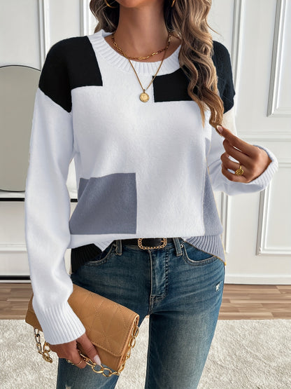 [Soft Sweater] Soft Women's Color-Block Round Neck Sweater | Relaxed Drop Shoulder Long Sleeve Pullover, Easy-Care Hand Wash/Dry Clean, Everyday Comfort Wear, Drop Shoulder Style, Quality Craftsmanship, Spring Fashion, Chic Knitwear, Lightweight