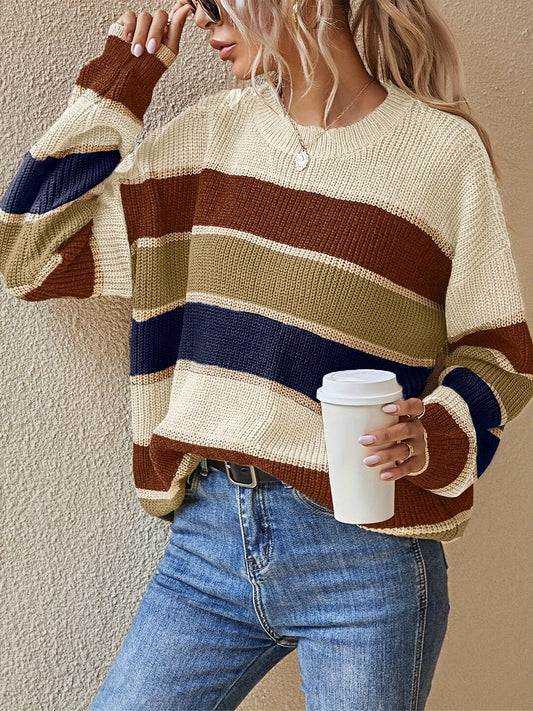 Women'S Color Block Striped Pullover Sweater - Cozy Long Sleeve Crew Neck, Loose Fit, Fall/Winter Casual Top with Green, Brown, and Beige Stripes, Casual Winter Wear | Relaxed Fit Top | Construction, Sweater Dress, Fall Clothe For Women, Fall Sw