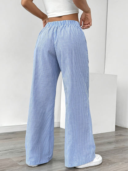 Slant Pockets Wide Leg Pants, Casual Striped Print Loose Drawstring Waist Pants For Spring & Summer, Women's Clothing