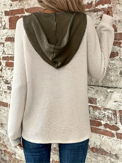 Color Block Button Front Drawstring Hoodie, Casual Long Sleeve Hoodie Sweatshirt, Women's Clothing