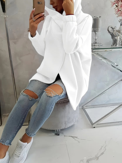 Women'S Casual Black Hooded Jacket with Front Pockets - Long Sleeve, Ripped Jeans & White Sneakers, Perfect for Spring/Fall, Autumn Fashion Jacket | Relaxed Fit Hoodie | Zippered Hoodie