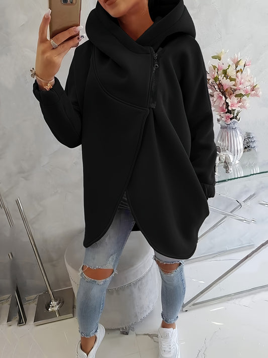 Women'S Casual Black Hooded Jacket with Front Pockets - Long Sleeve, Ripped Jeans & White Sneakers, Perfect for Spring/Fall, Autumn Fashion Jacket | Relaxed Fit Hoodie | Zippered Hoodie
