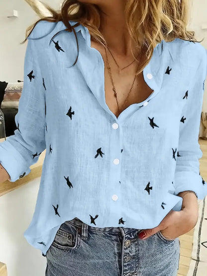 Spandex Blouse Bird Print Button