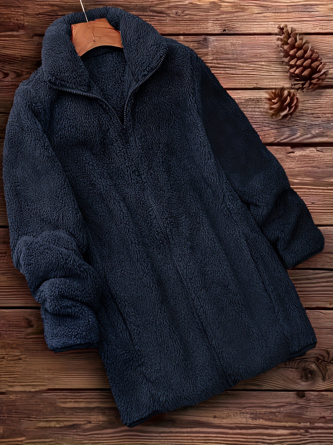 [Long Sleeve Winter Teddy Coat] Zip Up Solid Teddy Coat, Casual Long Sleeve Winter Outerwear, Women's Clothing