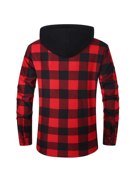 Men's Fleece-Lined Hoodie - Casual & Sporty, Plaid Pullover with Button Detail, Long Sleeve, Loose Fit for Fall/Winter