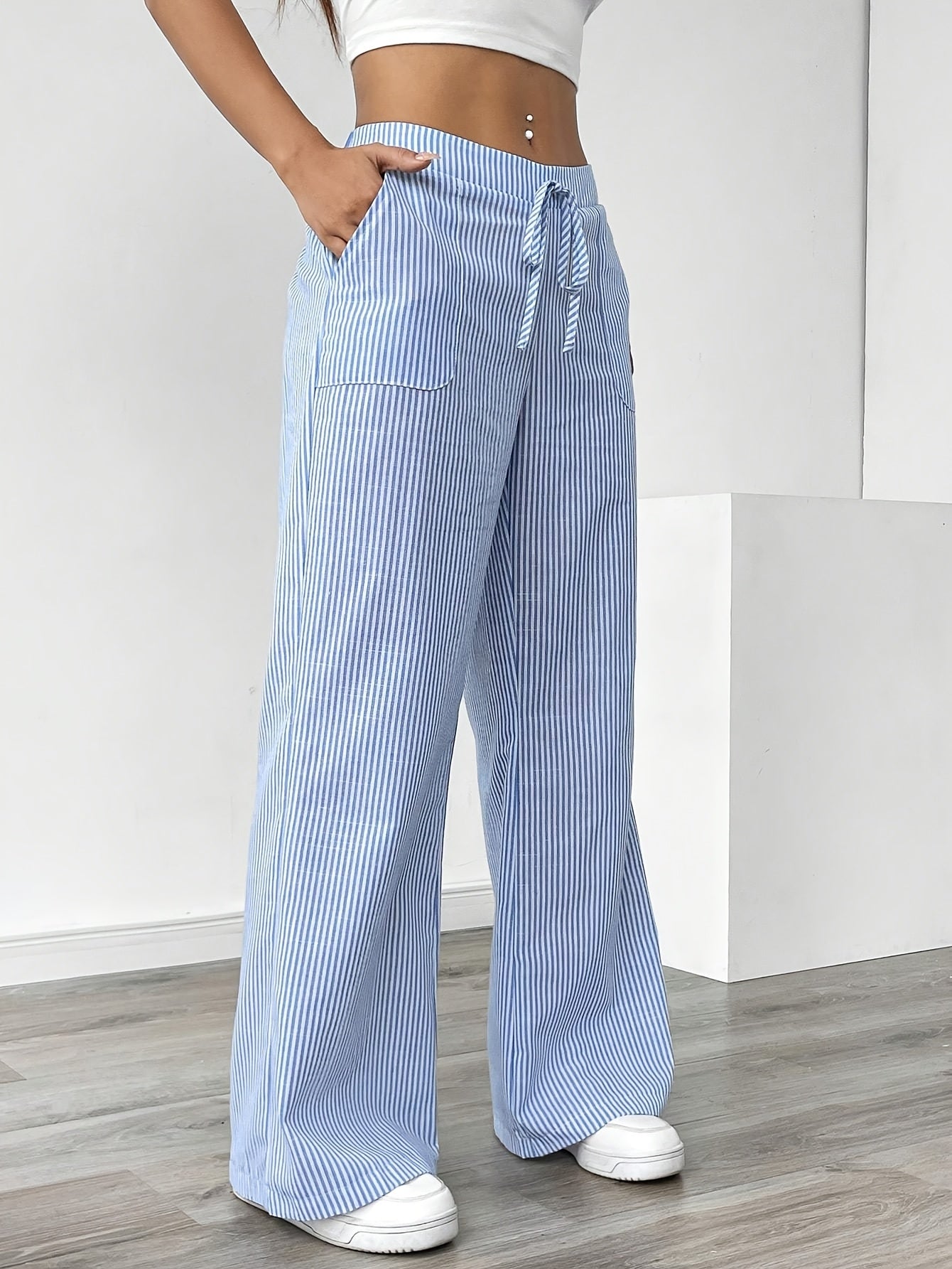 Slant Pockets Wide Leg Pants, Casual Striped Print Loose Drawstring Waist Pants For Spring & Summer, Women's Clothing