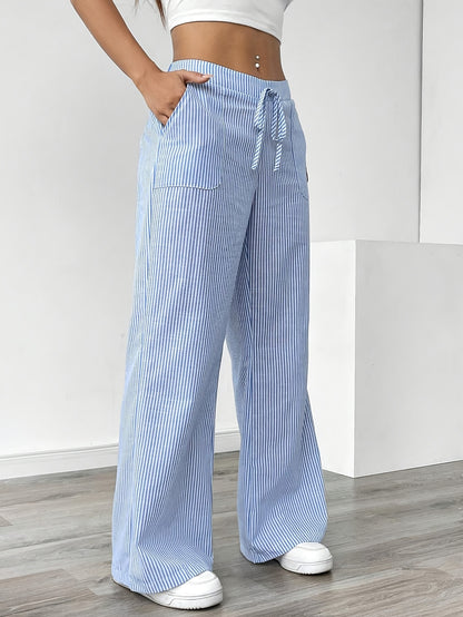 Slant Pockets Wide Leg Pants, Casual Striped Print Loose Drawstring Waist Pants For Spring & Summer, Women's Clothing