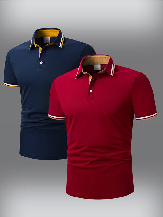 2pcs Men's Short-Sleeve Shirts with Contrast Collars - Lightweight Polyester, Pastel Blue & Pink, Turn- Collar, Button Closure, Regular Fit, Casual & Business-Casual Wear, Ideal for Summer or Gifting, Short Sleeve Tops