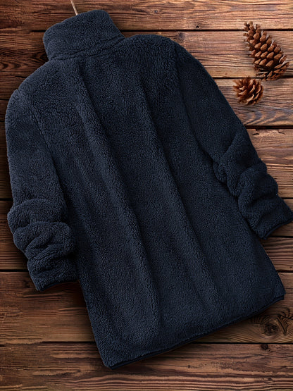 [Long Sleeve Winter Teddy Coat] Zip Up Solid Teddy Coat, Casual Long Sleeve Winter Outerwear, Women's Clothing
