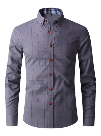 Men'S Light Business Long Sleeve Button-Up Shirt - Gray & White Checkered Pattern, Regular Fit, Single-Breasted with Red Buttons, Perfect for Spring & Fall, Spring Fall Attire | Checkered Pattern Shirt | Polyester Blend