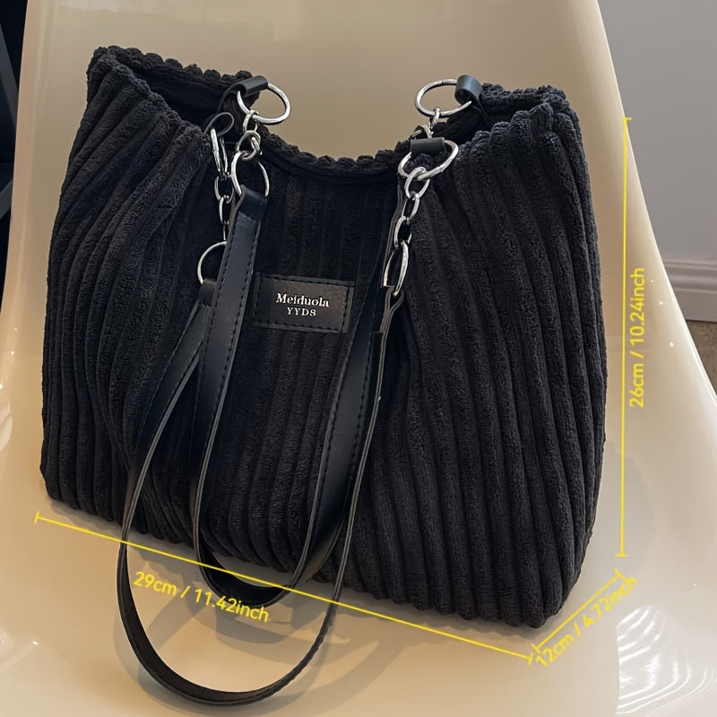 [Travel Essential] Women'S Corduroy Tote Bag - Large Capacity Shoulder Bag with Fixed Strap, Zipper Closure, and Ribbed Texture in Brown/Grey/Black/White for Commuting and Short Trips, Casual Shoulder Bag | Minimalist Shoulder Bag | Soft Texture