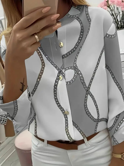Geometric Polyester Blouse Chain Print Button