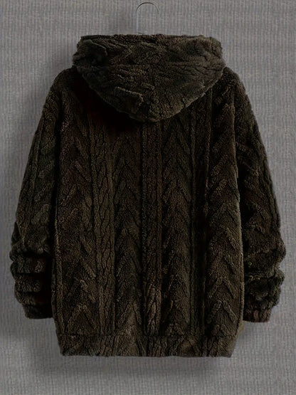 Fleece Polyester Knit Hooded Zip Long Sleeve Jacket