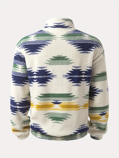 Men's Loose Polar Fleece Folk Style Print Sweatshirt With Kangaroo Pocket, Casual Breathable Half Zipper Stand Collar Long Sleeve Top For Outdoor