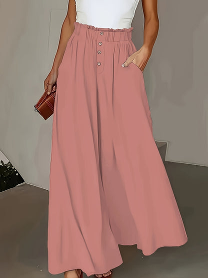 Women's Elegant Wide-Leg Trousers with Extended Length - Beige Solid Color High-Waisted Non-Stretch Pants, Structured Fit for All-Season Casual & Formal Outfits, Versatile Office to Semi-Formal Wear, Allseason Clothing, Classic Design, Quality S