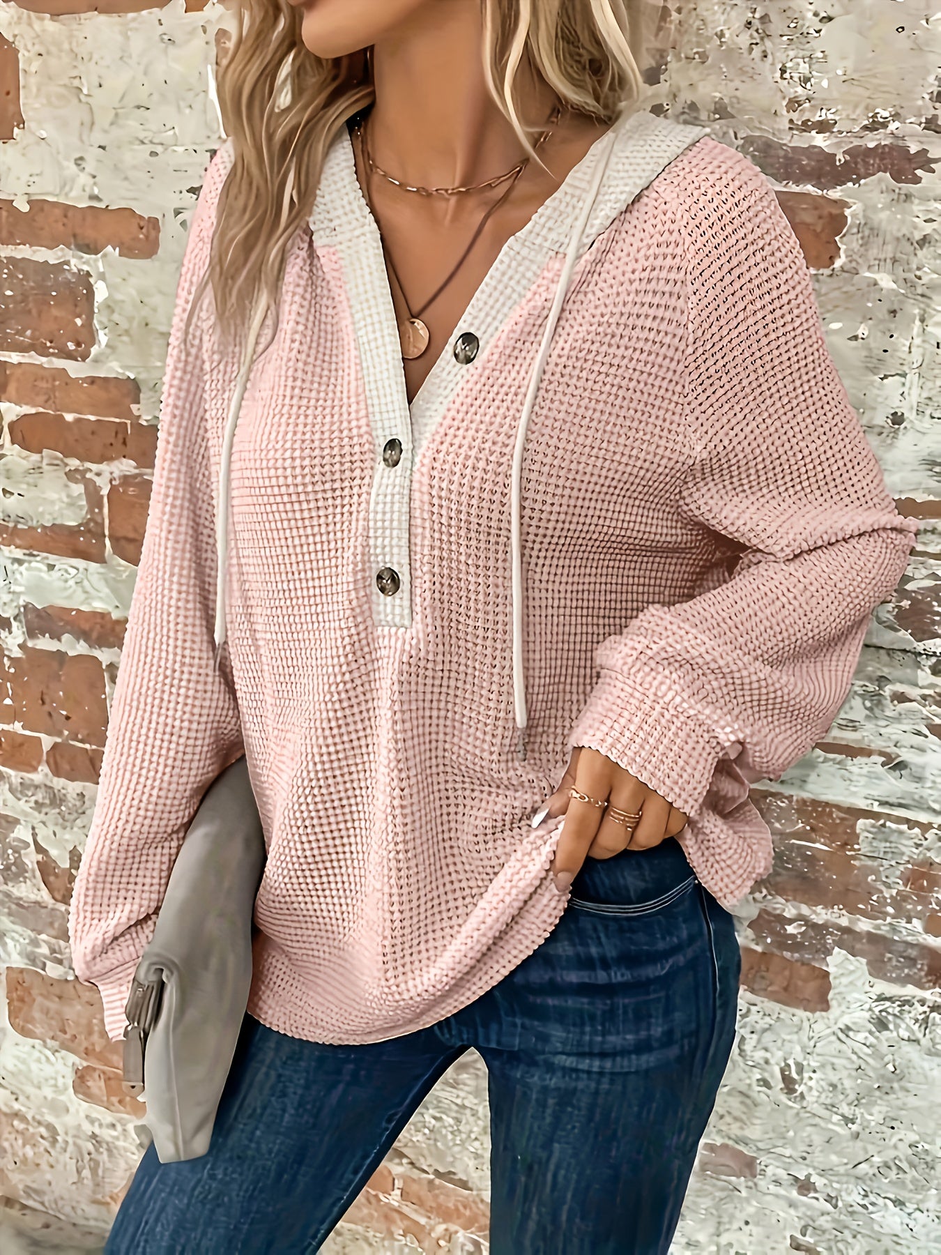 Color Block Button Front Drawstring Hoodie, Casual Long Sleeve Hoodie Sweatshirt, Women's Clothing