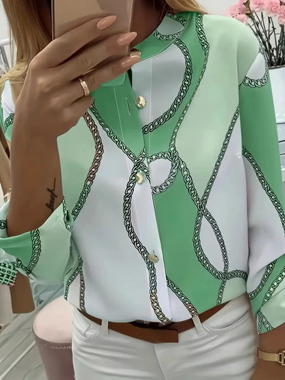 Geometric Polyester Blouse Chain Print Button