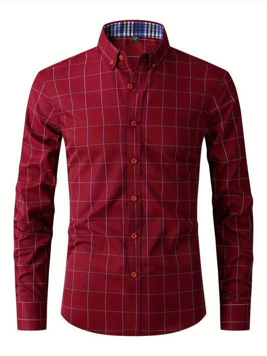 Men'S Light Business Long Sleeve Button-Up Shirt - Gray & White Checkered Pattern, Regular Fit, Single-Breasted with Red Buttons, Perfect for Spring & Fall, Spring Fall Attire | Checkered Pattern Shirt | Polyester Blend