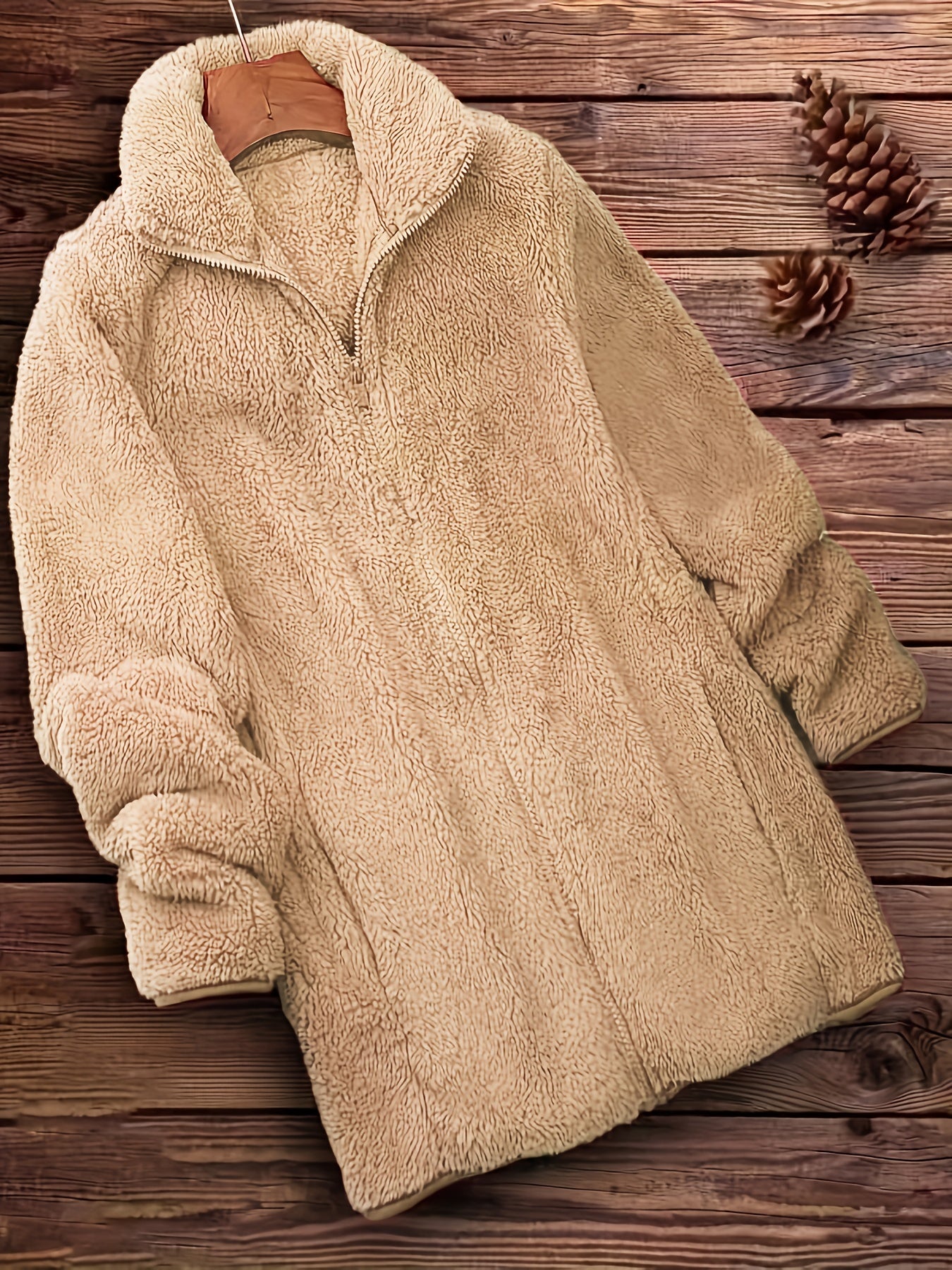 [Long Sleeve Winter Teddy Coat] Zip Up Solid Teddy Coat, Casual Long Sleeve Winter Outerwear, Women's Clothing