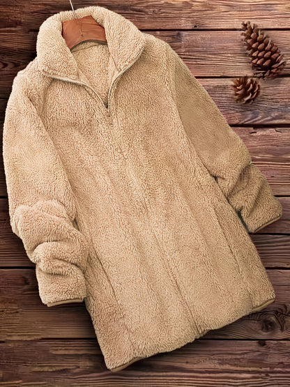 [Long Sleeve Winter Teddy Coat] Zip Up Solid Teddy Coat, Casual Long Sleeve Winter Outerwear, Women's Clothing