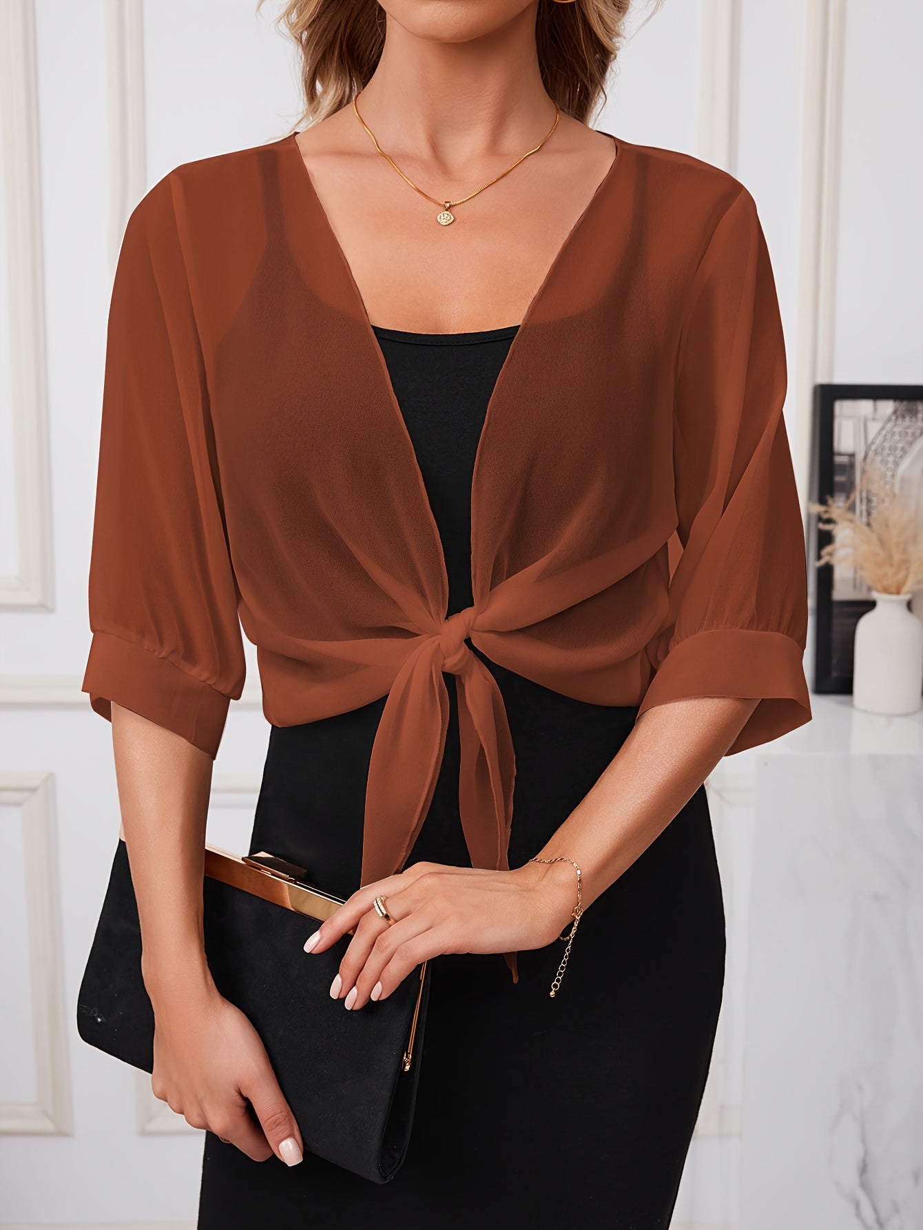 [Lightweight and Breathable] Elegant Shawl Wrap with Tie-Front Detail | Polyester | Lightweight and Breathable | Dress Accessory | Spring/Summer/Fall Events | Chic