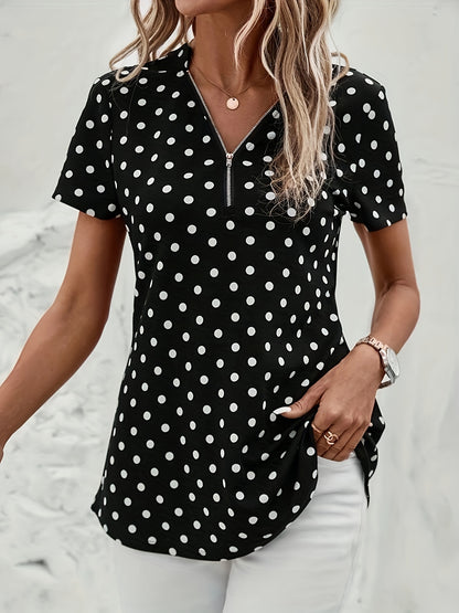 Elegant V Neck Short Sleeve Blouse - Polka Dots Print, Zipper Front, For Spring & Summer, Women's Clothing