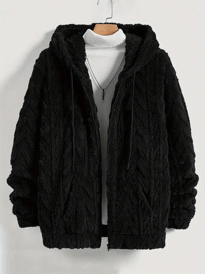 Fleece Polyester Knit Hooded Zip Long Sleeve Jacket
