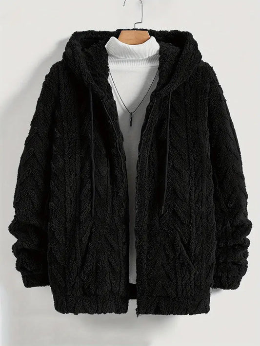 Fleece Polyester Knit Hooded Zip Long Sleeve Jacket