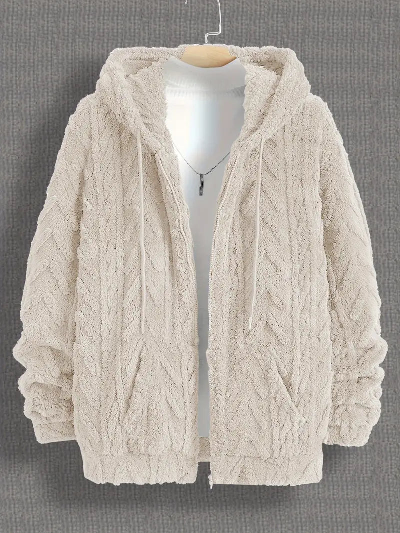 Fleece Polyester Knit Hooded Zip Long Sleeve Jacket
