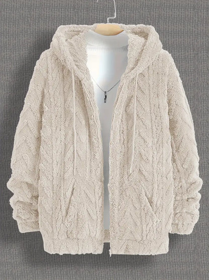 Fleece Polyester Knit Hooded Zip Long Sleeve Jacket