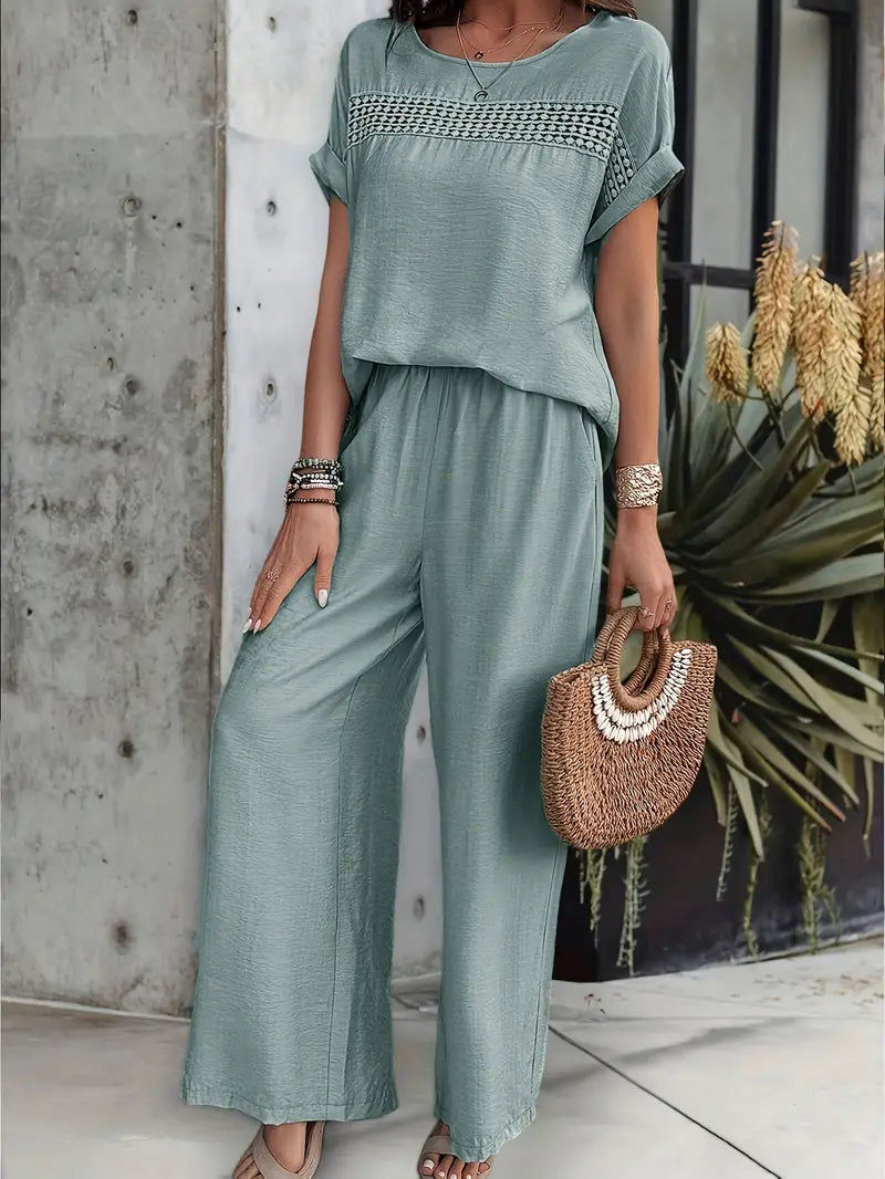 Solid Polyester Blouse 2-Piece Set Set Short