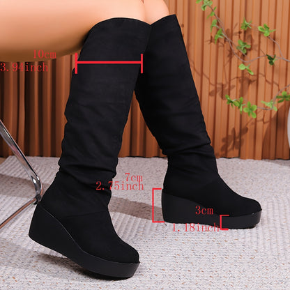 Timeless Black Faux Suede Knee-High Boots with Wedge