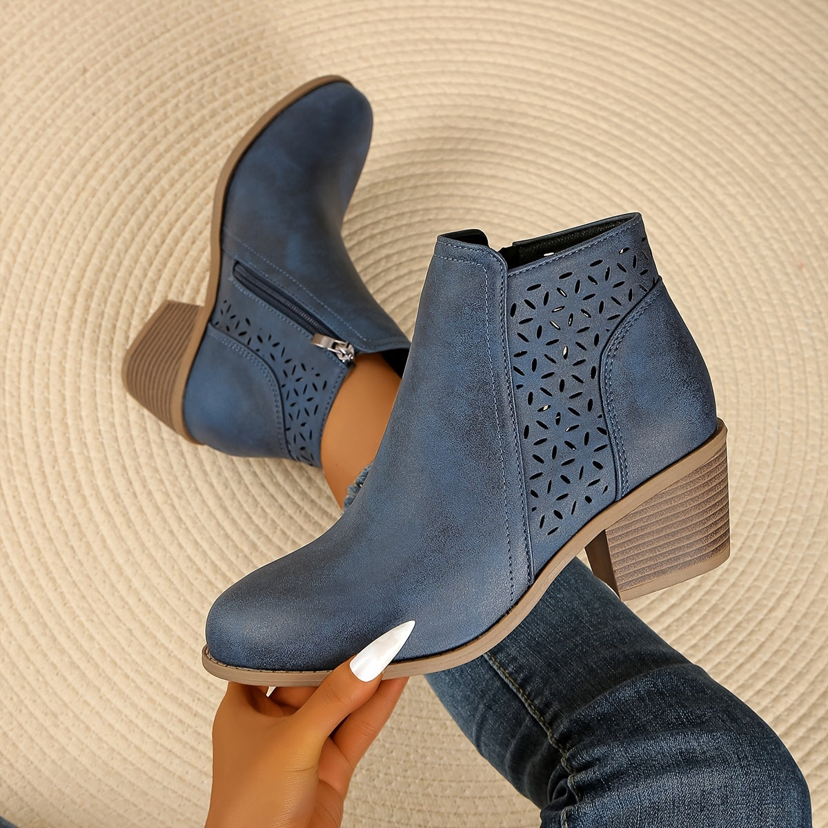 [Chunky Mid-Heel Ankle Boots] Comfortable & Durable Women's Chunky Mid-Heel Slip-On Ankle Boots | Laser-Cut Design, Round Toe, Plastic & PU Cover, All-Season Versatile Casual & Formal Footwear (Black), Block Heel