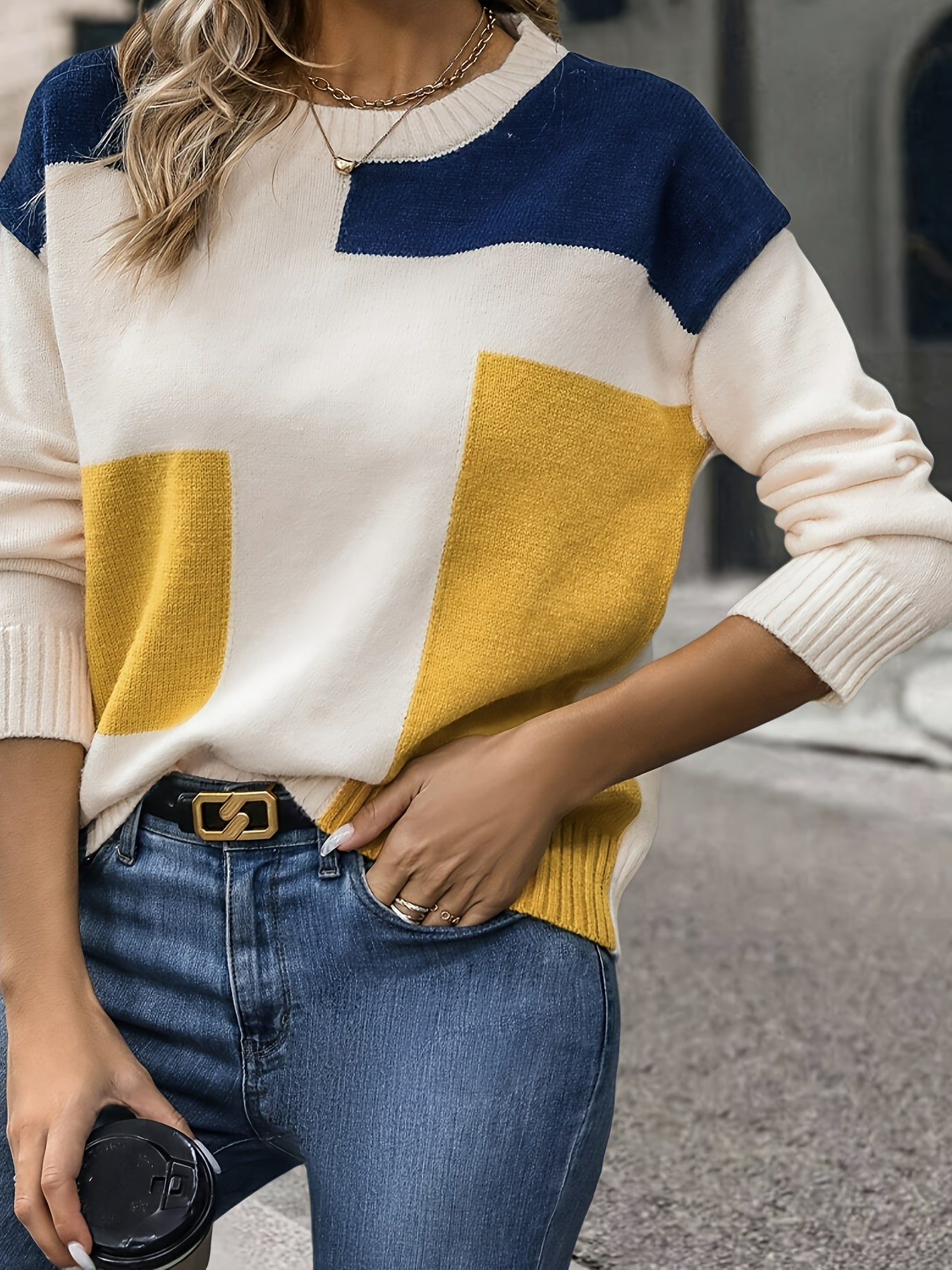 [Soft Sweater] Soft Women's Color-Block Round Neck Sweater | Relaxed Drop Shoulder Long Sleeve Pullover, Easy-Care Hand Wash/Dry Clean, Everyday Comfort Wear, Drop Shoulder Style, Quality Craftsmanship, Spring Fashion, Chic Knitwear, Lightweight