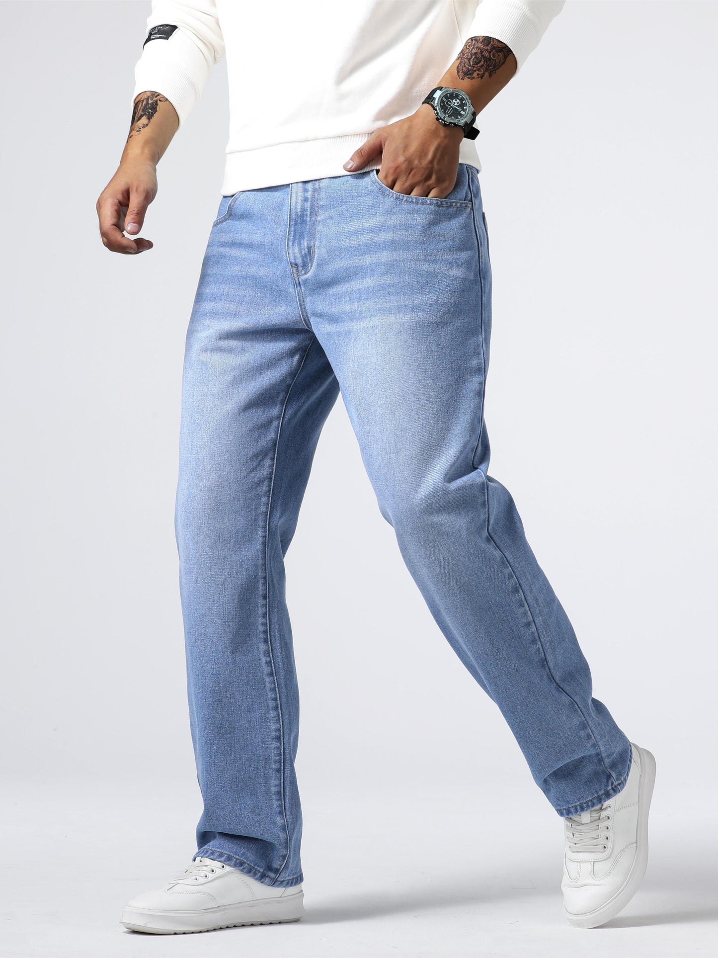 Men's Light Blue Relaxed Fit Jeans - Casual Straight-Leg Machine-Washable Denim Pants for Casual Attire, All-Season Comfort & Versatile Style