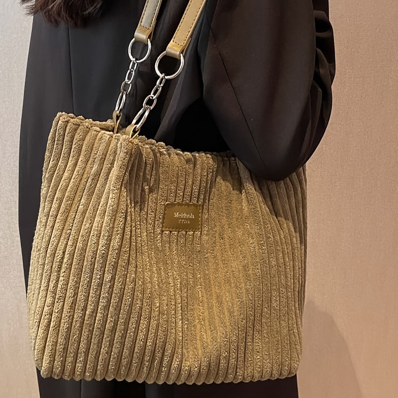 [Travel Essential] Women'S Corduroy Tote Bag - Large Capacity Shoulder Bag with Fixed Strap, Zipper Closure, and Ribbed Texture in Brown/Grey/Black/White for Commuting and Short Trips, Casual Shoulder Bag | Minimalist Shoulder Bag | Soft Texture