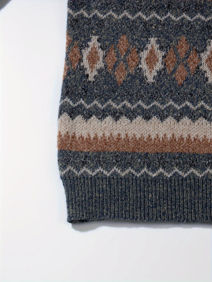 Men's Casual Color-Block Geometric Knit Sweater - Loose Fit Ribbed Detail Pullover, Machine Washable Autumn Winter Warm Crewneck Sweater for Casual Attire, Knitted Sweater, Durable Winter Wear