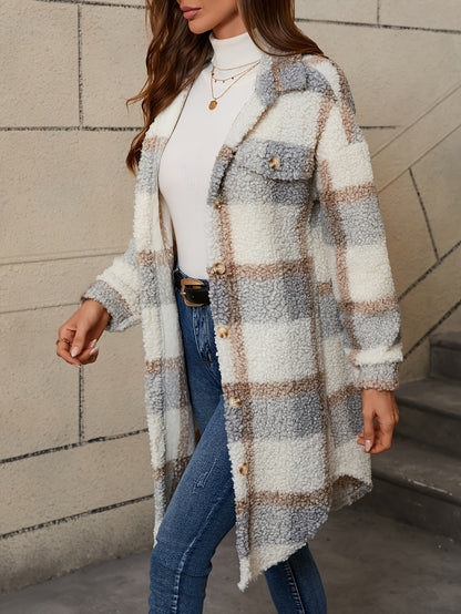 [Plaid Fuzzy Jacket] Fuzzy Plaid Pattern Jacket | Casual Thermal Long Sleeve Long Length Collar Coat For Fall & Winter, Women's Clothing