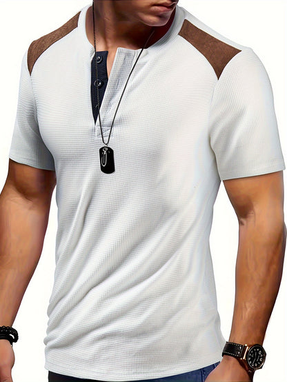 Men'S Waffle Texture Two-Tone Henley Shirt - Casual Summer Short Sleeve, Round Neck, Non-Stretch Fabric