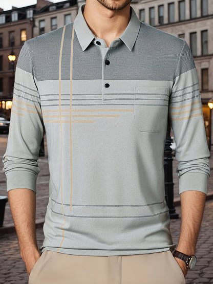 Men's Vintage-Inspired Striped Shirt with Chest Pocket - Breathable, Long Sleeve, Button Detail for Golf & Outdoor Activities