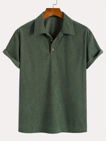Men's Trendy Stretch Textured Flannel Shirt with Light Beige-Friendly Breathable Material, Turn- Collar 4/1 Button Half-Open Front Casual Casual Attire Versatile Street Style Summer New Arrival Army Green Short Sleeve T-Shirt