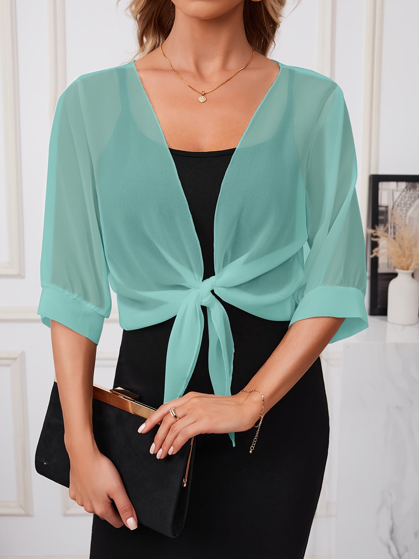 [Lightweight and Breathable] Elegant Shawl Wrap with Tie-Front Detail | Polyester | Lightweight and Breathable | Dress Accessory | Spring/Summer/Fall Events | Chic