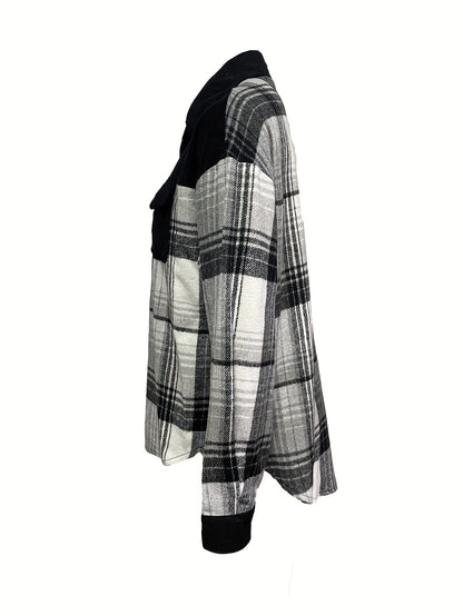 Plaid Print Drop Shoulder Jacket, Casual Lapel Neck Long Sleeve Button Front Jacket For Fall & Spring, Women's Clothing