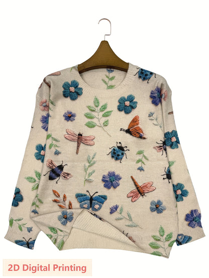 Women'S Lightweight Sweater - 2D Digital Printing-All-Over Floral & Insect Print in Beige/Red/Blue/Black/White/Gray/ - Soft Everyday Pullover for Fall/Winter - Casual Chic Sweater for Everyday & Formal Outfits - Women'S Sweater, Ladies Sweaters,