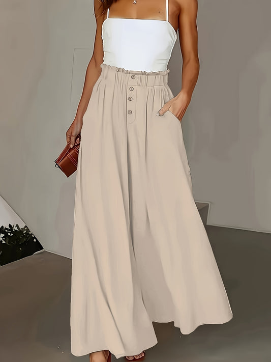 Women's Elegant Wide-Leg Trousers with Extended Length - Beige Solid Color High-Waisted Non-Stretch Pants, Structured Fit for All-Season Casual & Formal Outfits, Versatile Office to Semi-Formal Wear, Allseason Clothing, Classic Design, Quality S