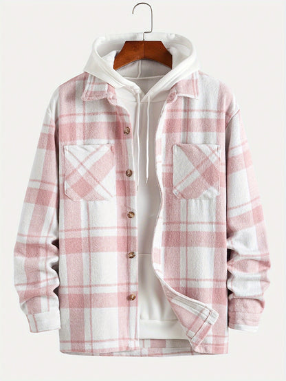 Big Plaid Pattern Men's Retro Casual Long Sleeve Lapel Shirt With Pocket Design, Fall Winter Outdoor